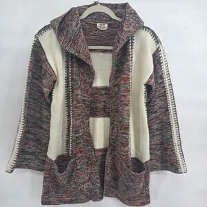 Vintage Patchwork‎ Knit Hooded Cardigan Sweater Cream Red Green Boho Size M